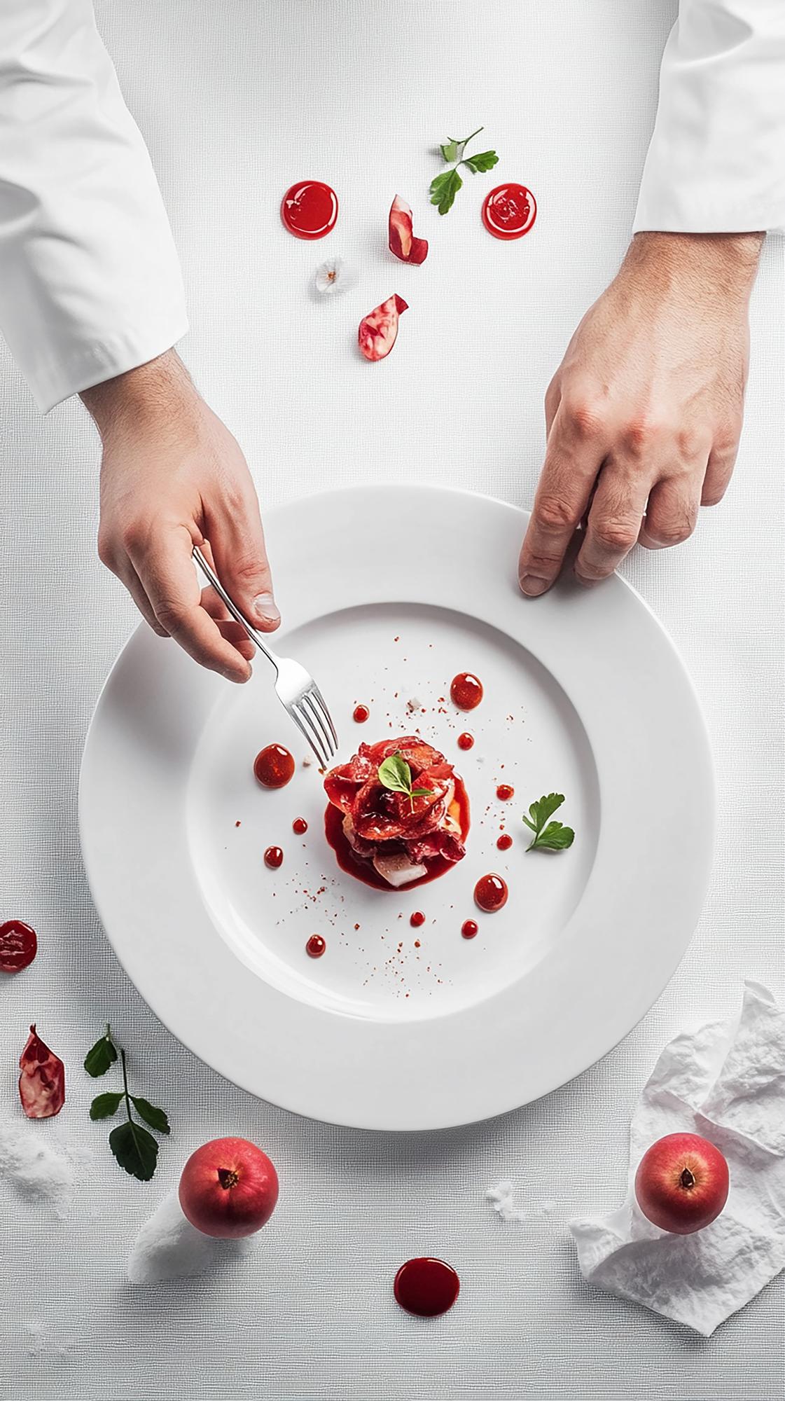 Chef demonstrating a plated dish in elegant kitchen